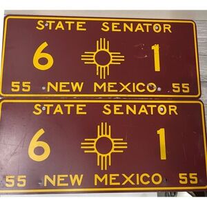 Vintage 1955 New Mexico State Senator License Plates Pair Zia Sun Symbol 6-1